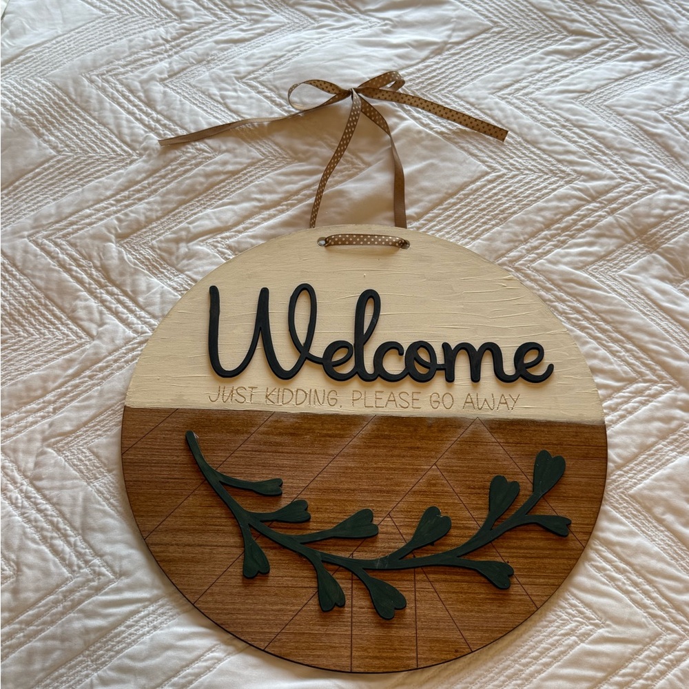 Front Door Wooden Welcome Sign with Green Leaf Design